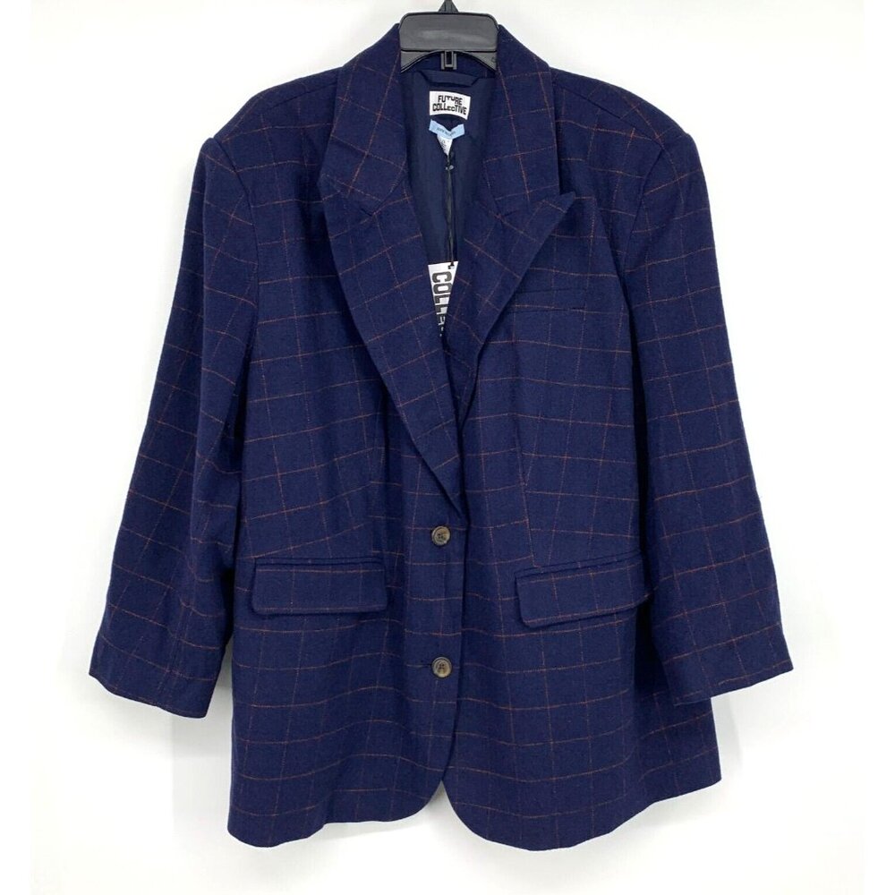 Future Collective Reese Blutstein Blazer Blue Check Plaid Button NWT - Picture 3 of 12